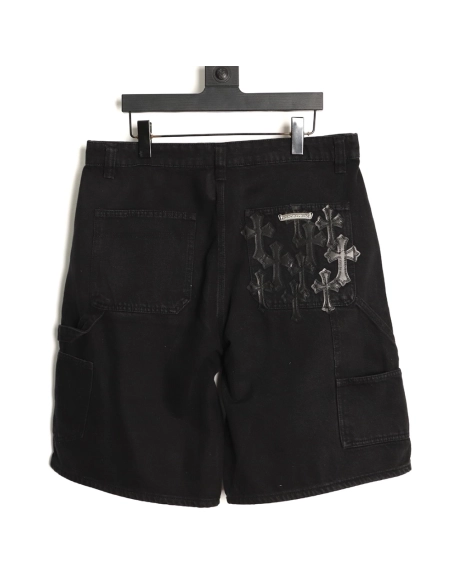 Chrome Hearts patchwork leather hardware denim shorts,Chrome Hearts
