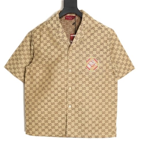 Gucci GG monogram embroidered horse year badge Cuban collar short-sleeved shirt,Gucci