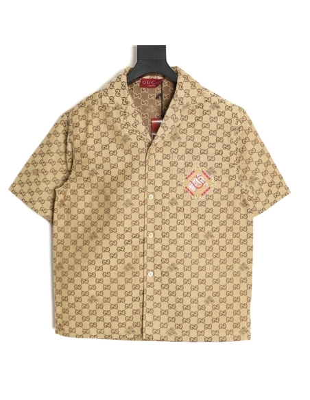 Gucci GG monogram embroidered horse year badge Cuban collar short-sleeved shirt,Gucci