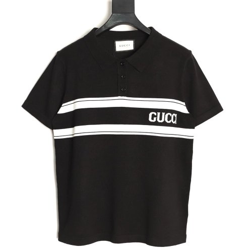 Gucci Striped Letter Jacquard Short-Sleeve Knitted Polo Shirt,Gucci
