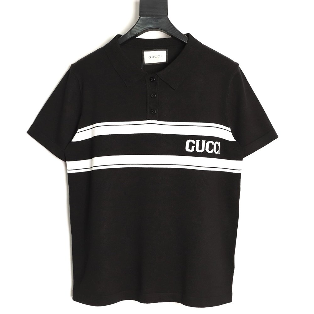 Gucci Striped Letter Jacquard Short-Sleeve Knitted Polo Shirt,Gucci