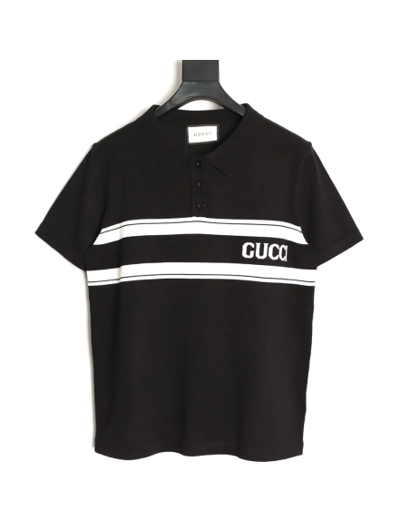 Gucci Striped Letter Jacquard Short-Sleeve Knitted Polo Shirt,Gucci