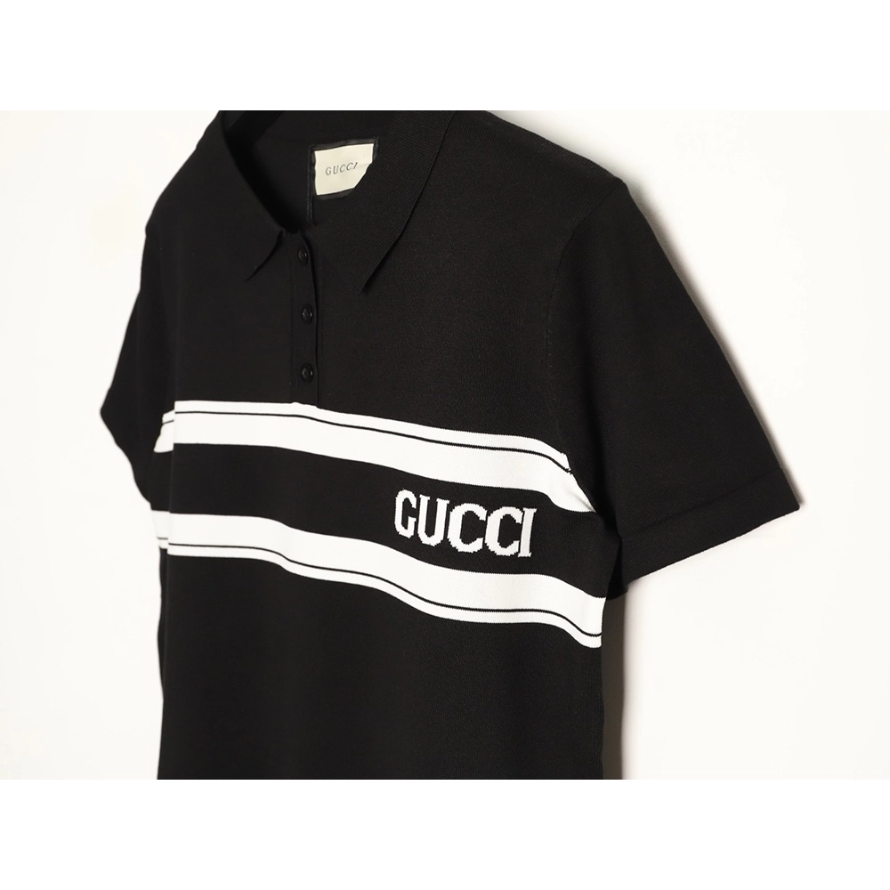 Gucci Striped Letter Jacquard Short-Sleeve Knitted Polo Shirt,Gucci