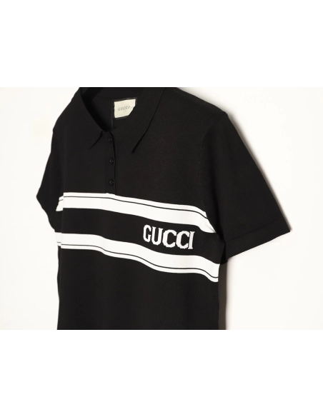Gucci Striped Letter Jacquard Short-Sleeve Knitted Polo Shirt,Gucci