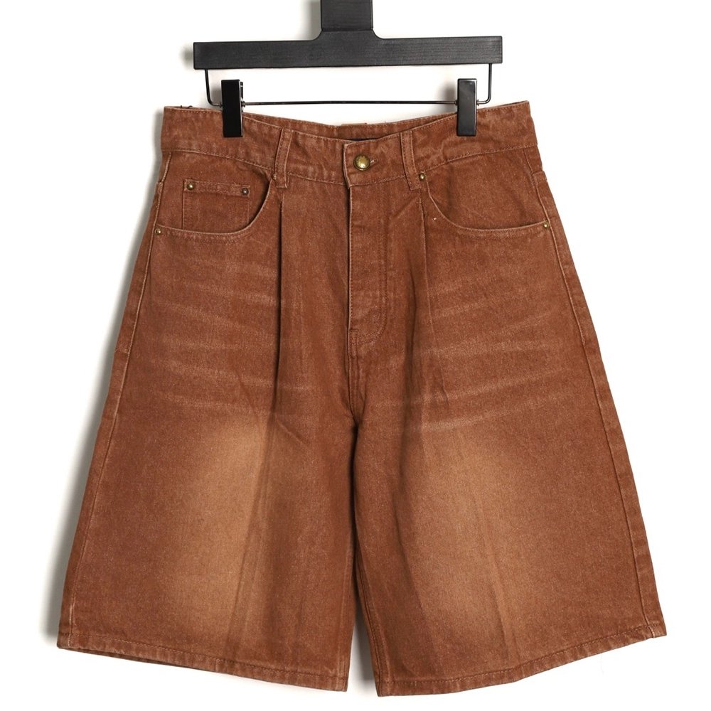 Louis Vuitton leather-label washed wide-leg denim shorts,Louis Vuitton