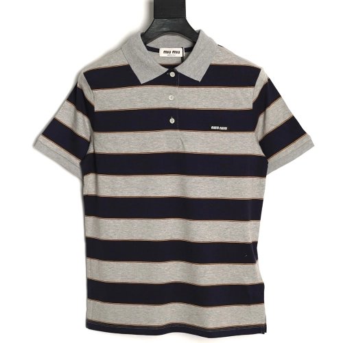 Miu Miu grey-blue striped short-sleeved polo shirt,Miu Miu