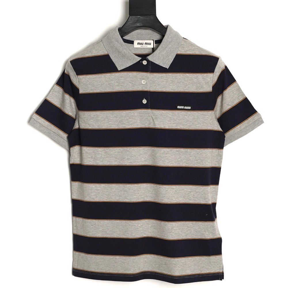 Miu Miu grey-blue striped short-sleeved polo shirt,Miu Miu