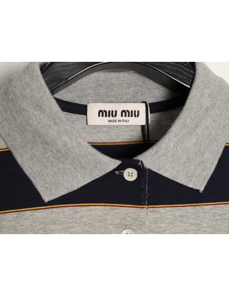 Miu Miu grey-blue striped short-sleeved polo shirt,Miu Miu