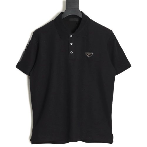 Prada Short-Sleeve Polo Shirt with Silver-Stamped Lettering on Cuffs TSK1,Prada