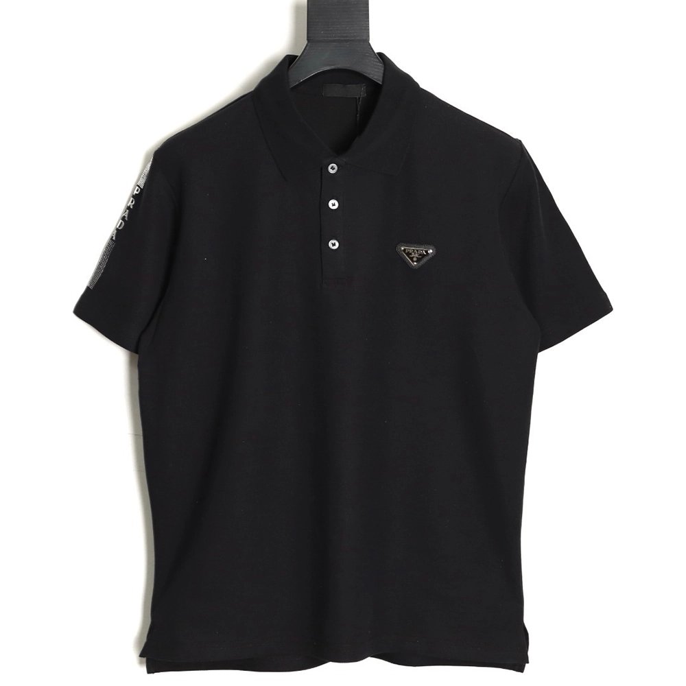 Prada Short-Sleeve Polo Shirt with Silver-Stamped Lettering on Cuffs TSK1,Prada