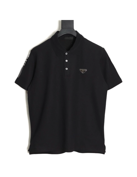 Prada Short-Sleeve Polo Shirt with Silver-Stamped Lettering on Cuffs TSK1,Prada