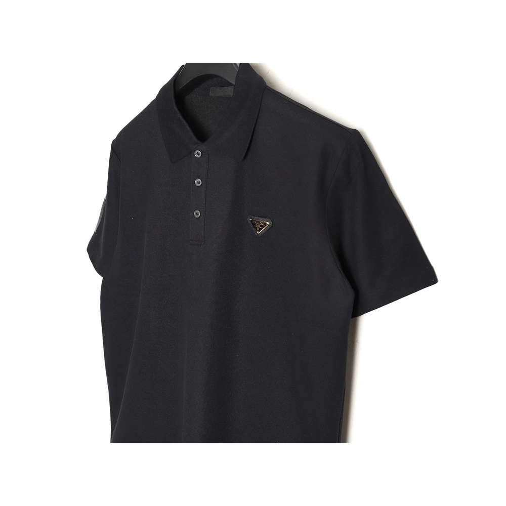 Prada Short-Sleeve Polo Shirt with Silver-Stamped Lettering on Cuffs TSK1,Prada