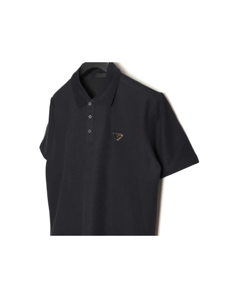 Prada Short-Sleeve Polo Shirt with Silver-Stamped Lettering on Cuffs TSK1,Prada