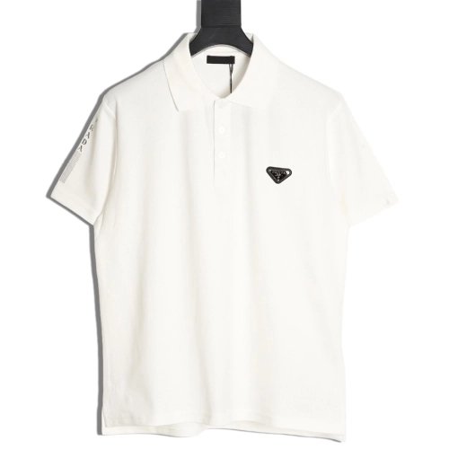 Prada Short-Sleeve Polo Shirt with Silver-Stamped Lettering on Cuffs,Prada