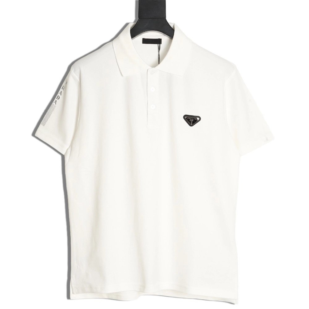Prada Short-Sleeve Polo Shirt with Silver-Stamped Lettering on Cuffs,Prada