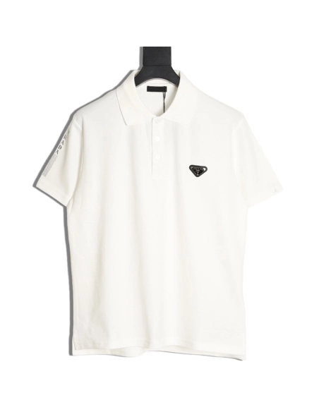 Prada Short-Sleeve Polo Shirt with Silver-Stamped Lettering on Cuffs,Prada