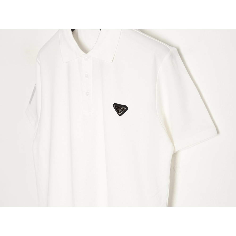 Prada Short-Sleeve Polo Shirt with Silver-Stamped Lettering on Cuffs,Prada