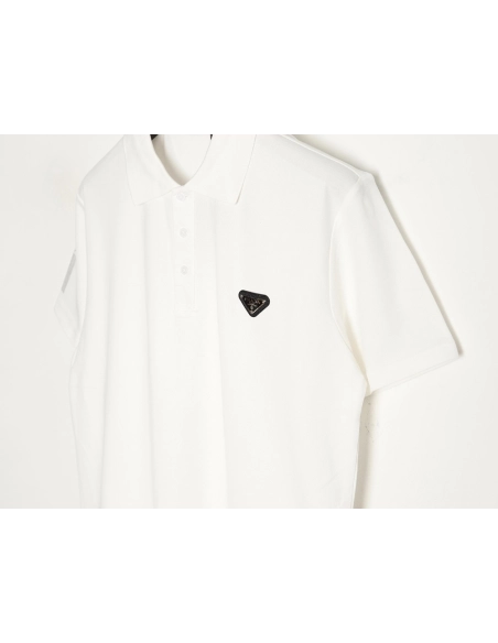 Prada Short-Sleeve Polo Shirt with Silver-Stamped Lettering on Cuffs,Prada
