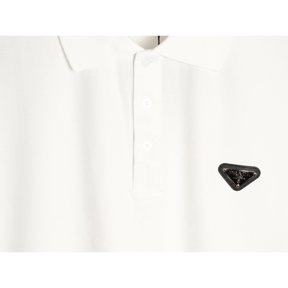 Prada Short-Sleeve Polo Shirt with Silver-Stamped Lettering on Cuffs,Prada