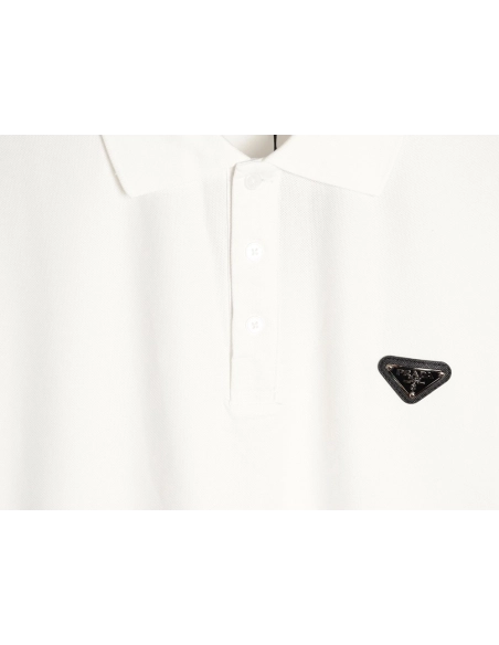 Prada Short-Sleeve Polo Shirt with Silver-Stamped Lettering on Cuffs,Prada