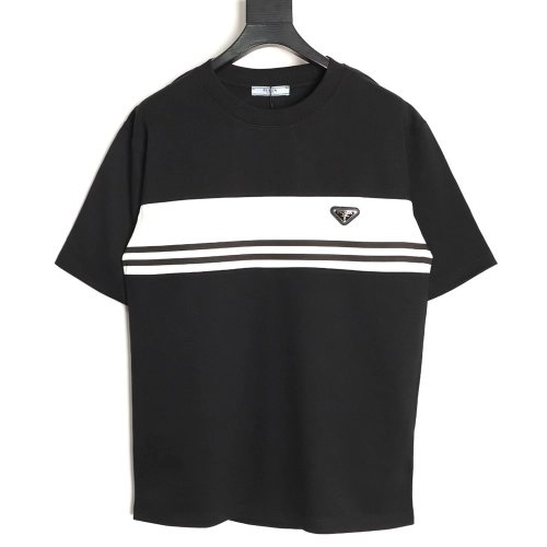 Prada striped patchwork triangular logo short-sleeved T-shirt TSK1,Prada