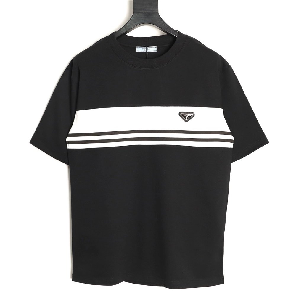 Prada striped patchwork triangular logo short-sleeved T-shirt TSK1,Prada