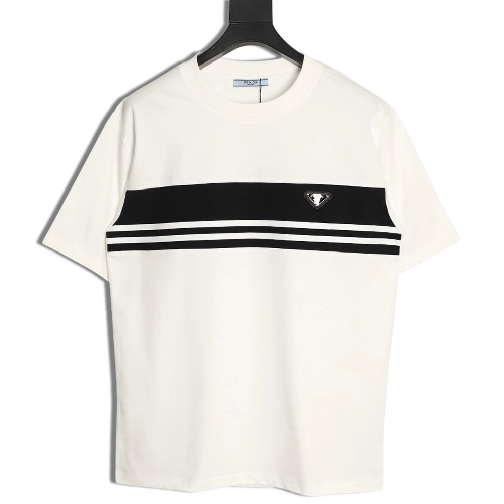 Prada striped patchwork triangular logo short-sleeved T-shirt,Prada