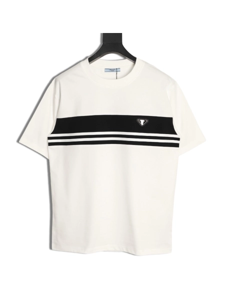 Prada striped patchwork triangular logo short-sleeved T-shirt,Prada