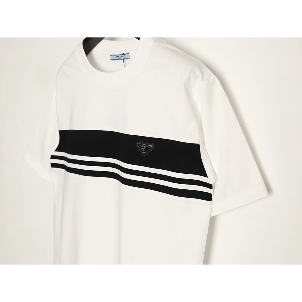 Prada striped patchwork triangular logo short-sleeved T-shirt,Prada