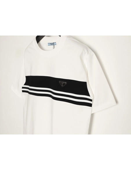 Prada striped patchwork triangular logo short-sleeved T-shirt,Prada