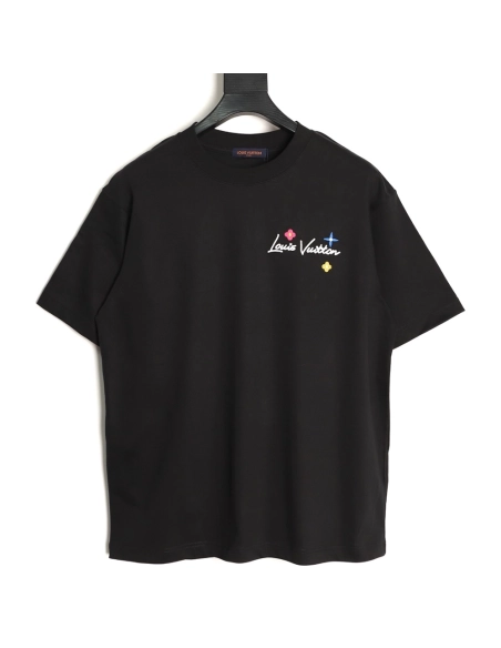 Louis Vuitton Floral Script Embroidery Crewneck Short-Sleeve T-Shirt TSK1,Louis Vuitton