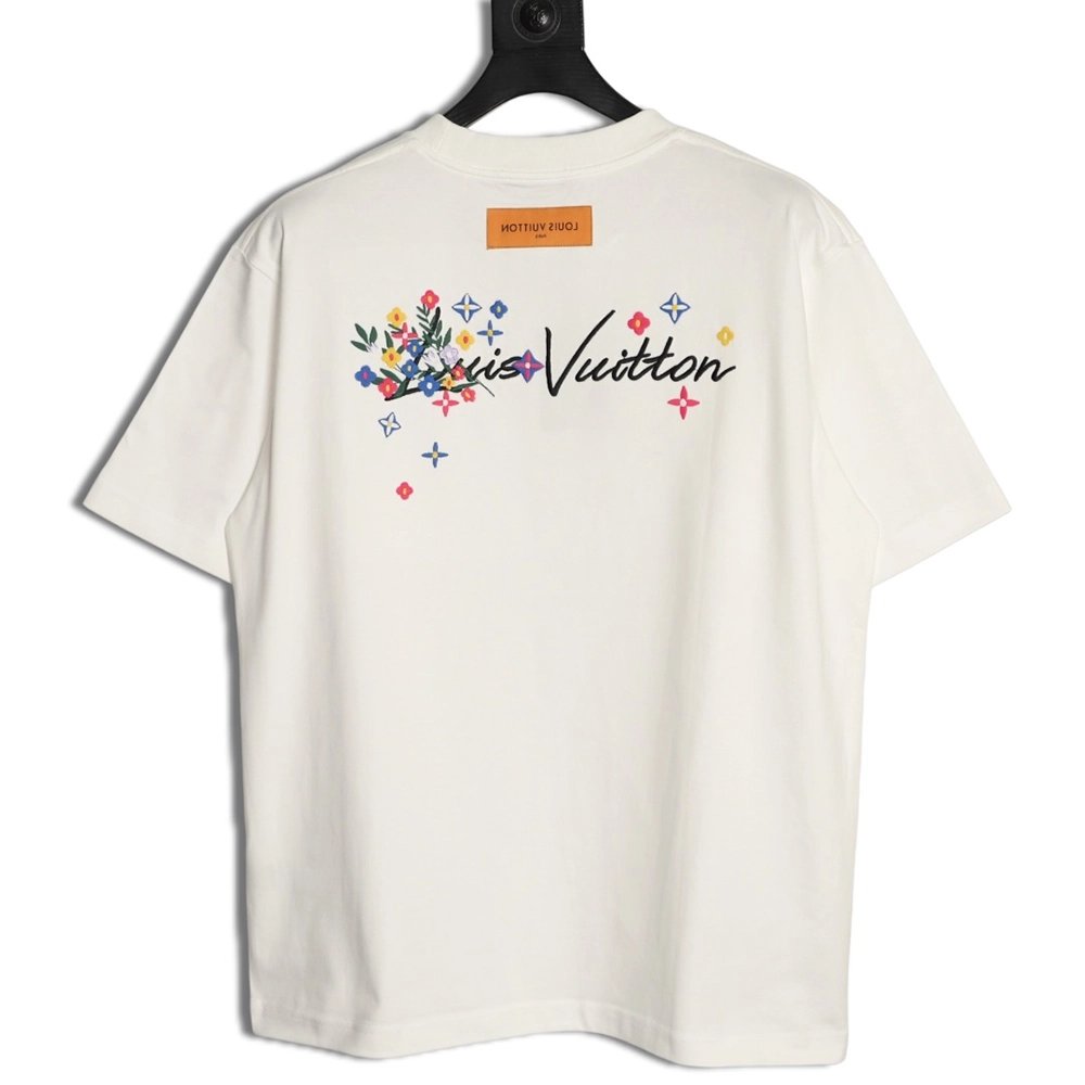 Louis Vuitton Floral Script Embroidery Crewneck Short-Sleeve T-Shirt,Louis Vuitton