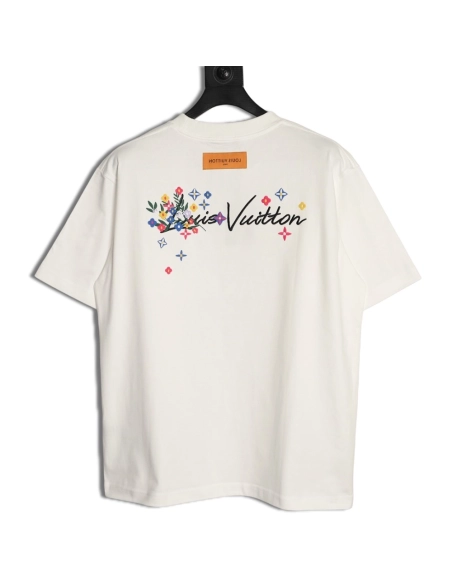 Louis Vuitton Floral Script Embroidery Crewneck Short-Sleeve T-Shirt,Louis Vuitton