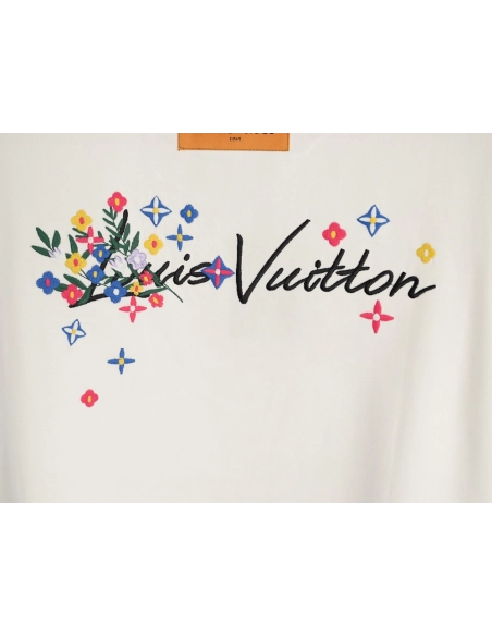 Louis Vuitton Floral Script Embroidery Crewneck Short-Sleeve T-Shirt,Louis Vuitton