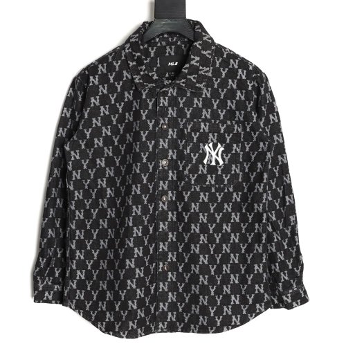 MLB Embroidered Logo Allover Print Denim Shirt Jacket TSK1,MLB