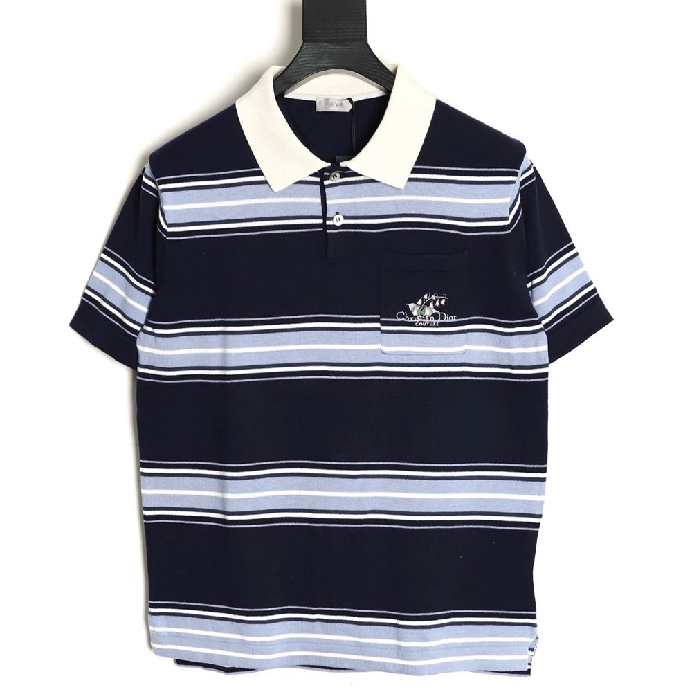 Dior Lily of the Valley Embroidered Striped Short-Sleeve Knit Polo Shirt,Dior