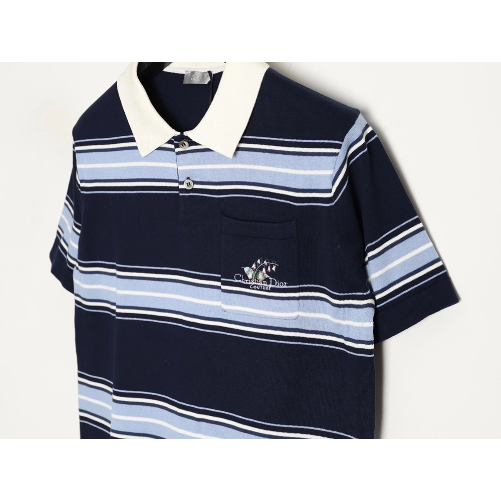 Dior Lily of the Valley Embroidered Striped Short-Sleeve Knit Polo Shirt,Dior