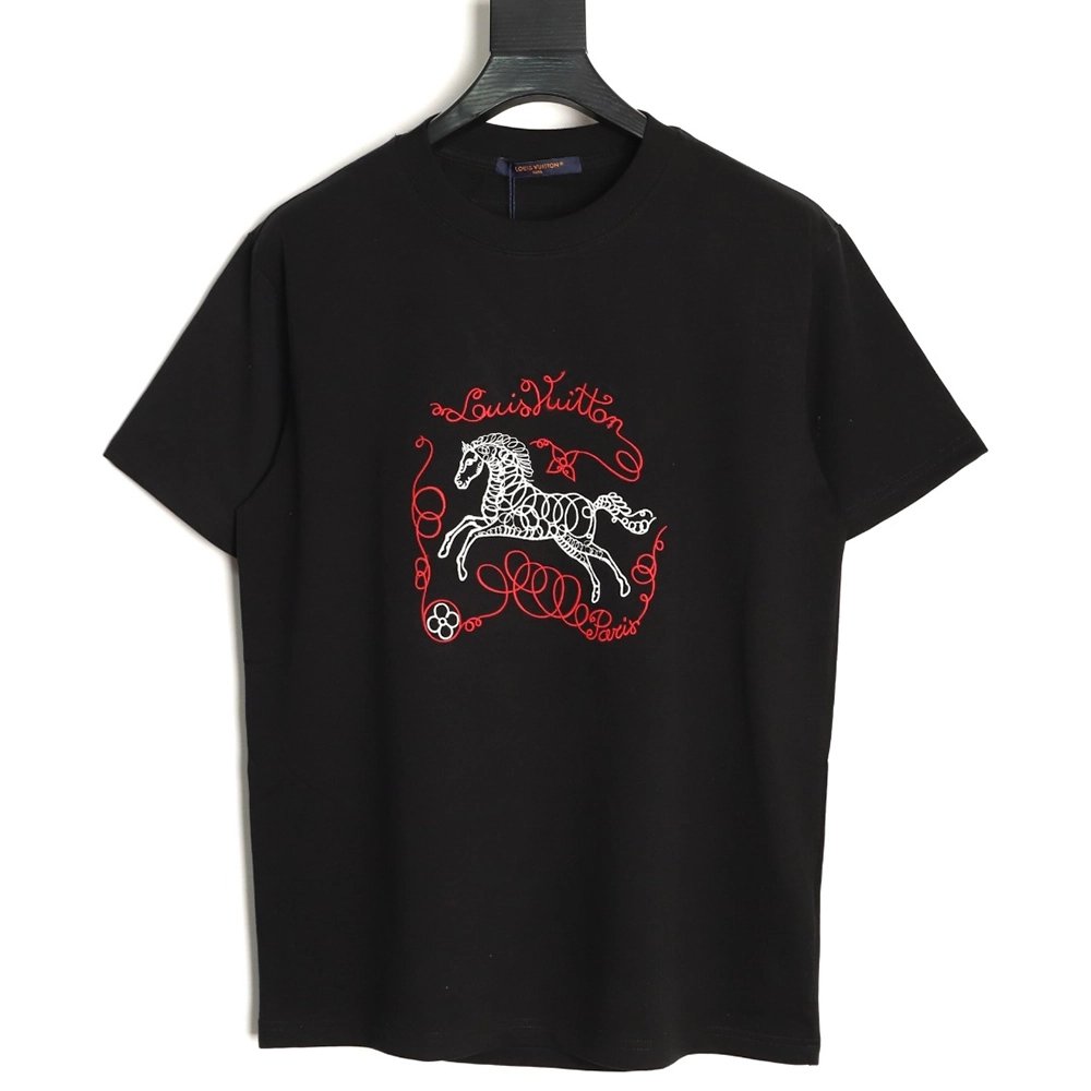 Louis Vuitton Embroidered Galloping Horse Logo Short-Sleeve T-Shirt T-Shirt TSK1,Louis Vuitton