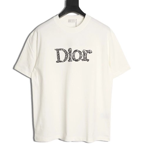 Dior 3D Sketch-Style Letter Embroidery Short-Sleeve T-Shirt,Dior