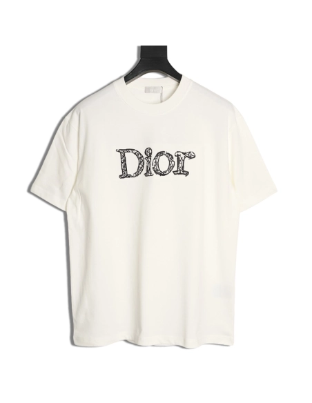 Dior 3D Sketch-Style Letter Embroidery Short-Sleeve T-Shirt,Dior