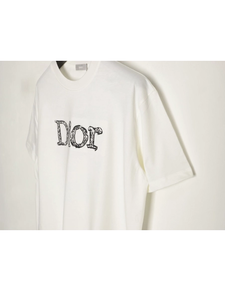 Dior 3D Sketch-Style Letter Embroidery Short-Sleeve T-Shirt,Dior