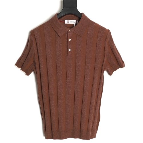Brunello Cucinelli Striped-Collar Ribbed Cotton-Linen Knit Short-Sleeve Polo Shirt,Brunello Cucinelli