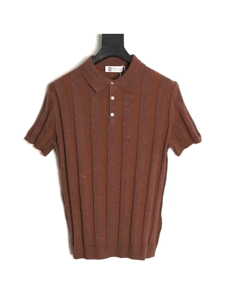 Brunello Cucinelli Striped-Collar Ribbed Cotton-Linen Knit Short-Sleeve Polo Shirt,Brunello Cucinelli