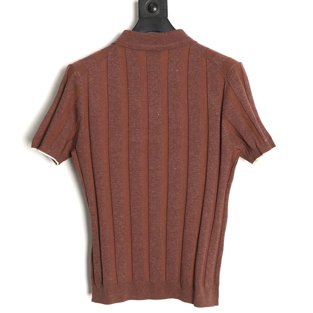 Brunello Cucinelli Striped-Collar Ribbed Cotton-Linen Knit Short-Sleeve Polo Shirt,Brunello Cucinelli