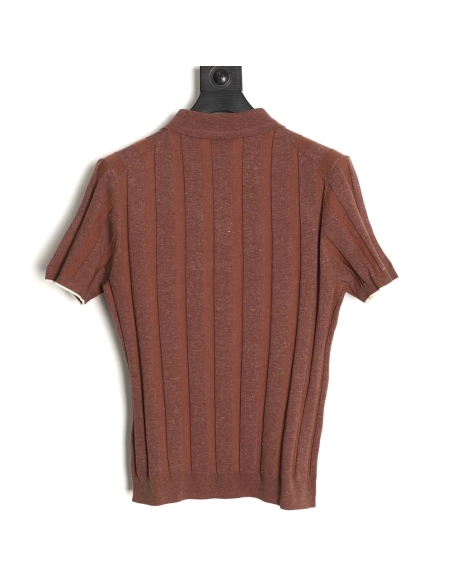 Brunello Cucinelli Striped-Collar Ribbed Cotton-Linen Knit Short-Sleeve Polo Shirt,Brunello Cucinelli