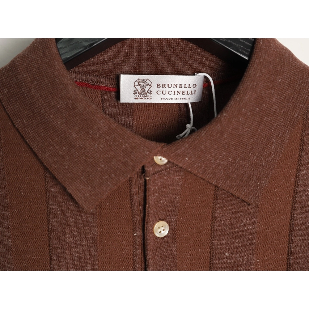 Brunello Cucinelli Striped-Collar Ribbed Cotton-Linen Knit Short-Sleeve Polo Shirt,Brunello Cucinelli
