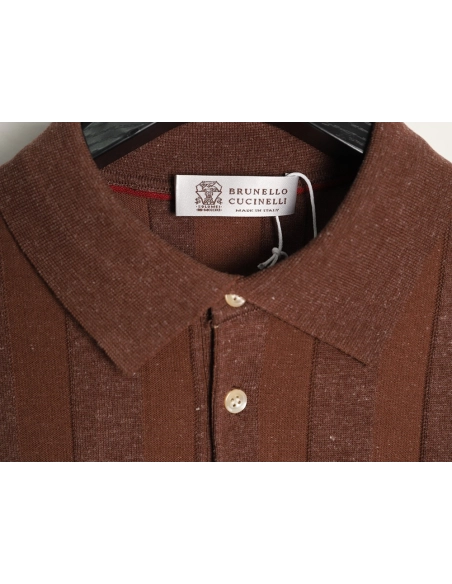 Brunello Cucinelli Striped-Collar Ribbed Cotton-Linen Knit Short-Sleeve Polo Shirt,Brunello Cucinelli