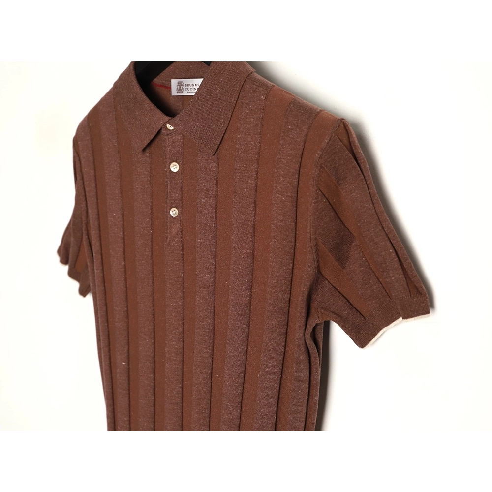 Brunello Cucinelli Striped-Collar Ribbed Cotton-Linen Knit Short-Sleeve Polo Shirt,Brunello Cucinelli