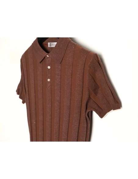 Brunello Cucinelli Striped-Collar Ribbed Cotton-Linen Knit Short-Sleeve Polo Shirt,Brunello Cucinelli