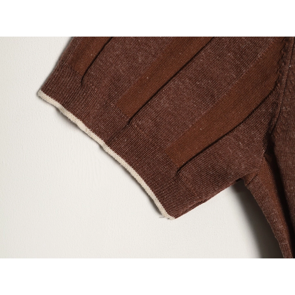 Brunello Cucinelli Striped-Collar Ribbed Cotton-Linen Knit Short-Sleeve Polo Shirt,Brunello Cucinelli